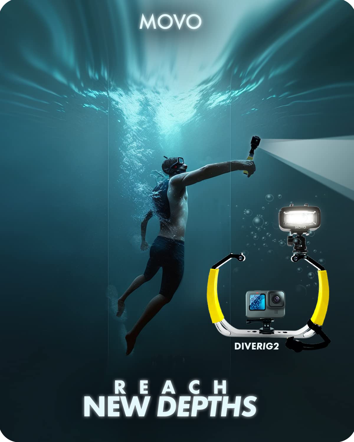 Movo Diverig2 Xl Diving Rig Bundle With Waterproof Led Light - Compatible With Gopro Hero, Hero5, Hero6, Hero7, Hero8, Hero9, He