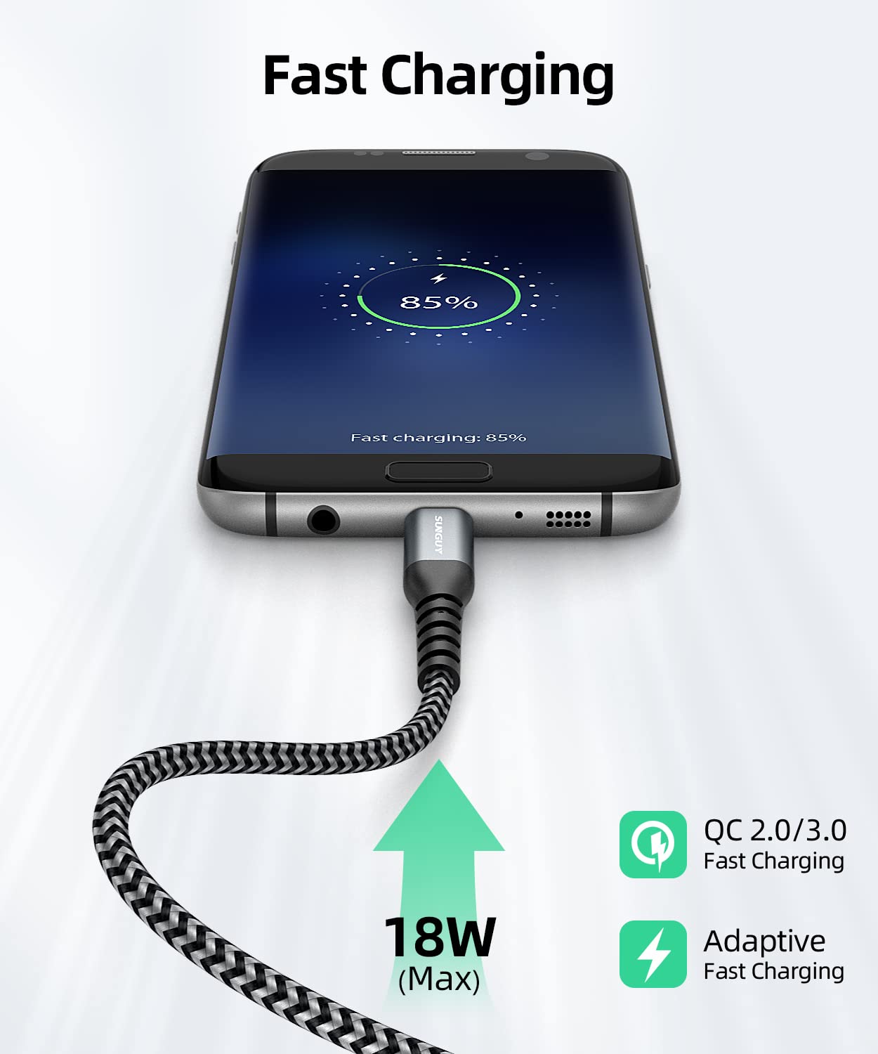 SUNGUY 6 inch Short Micro USB Cable 3-Pack Nylon Braided Fast Charging Grey