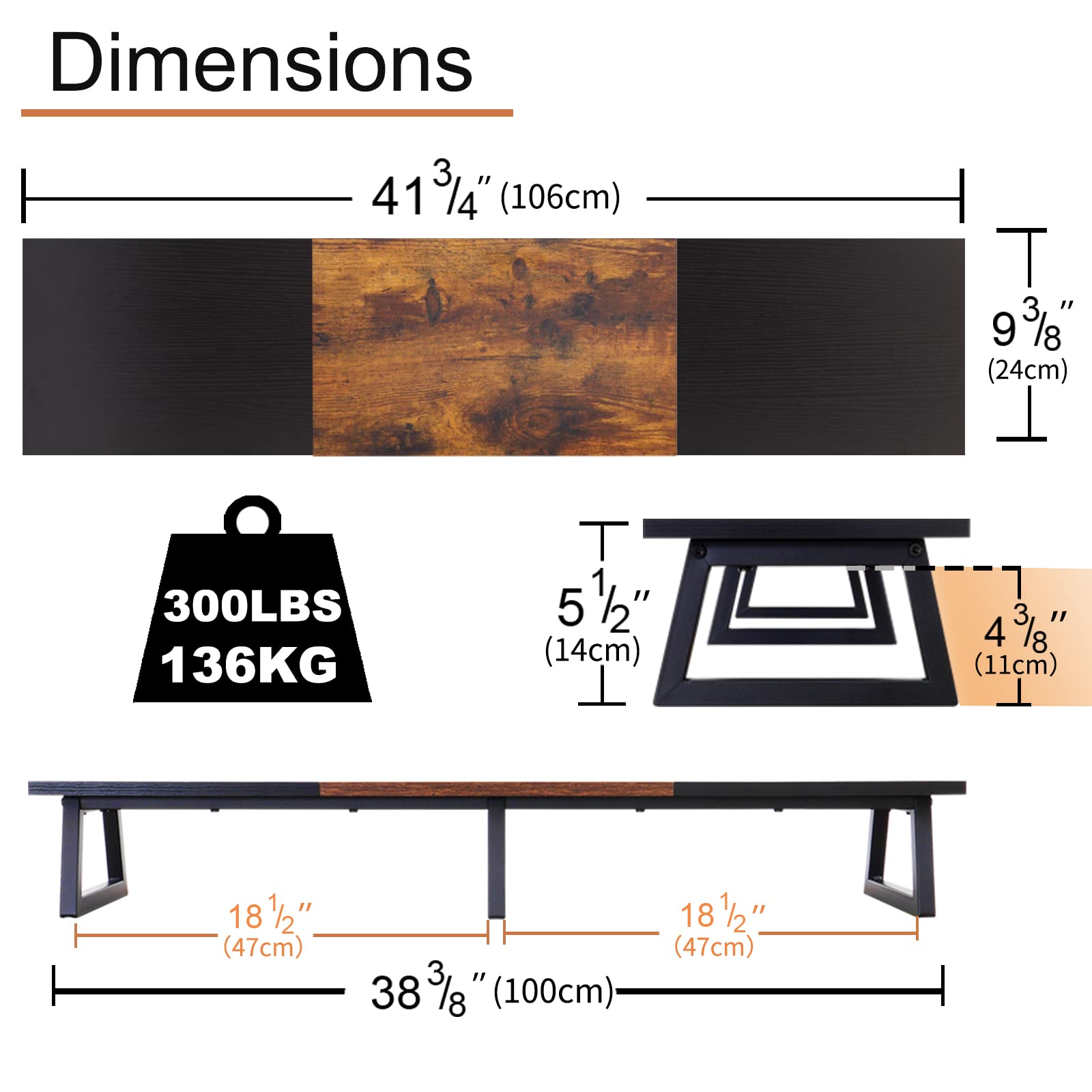 TEAMIX Dual Monitor Riser Stand, 42 Inch Wood & Steel Desktop Organizer, Black+Brown, Model DS100BE