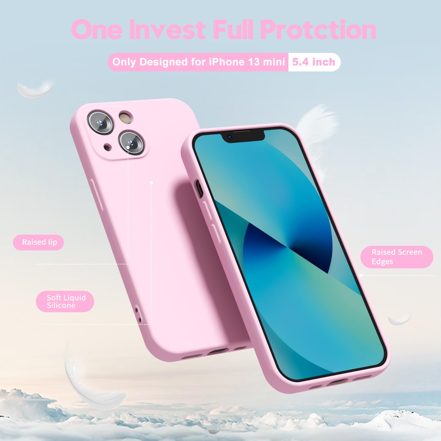 Oakxco Designed For Iphone 13 Mini Phone Case Liquid Silicone Grip, Cute Thin Slim Soft Rubber Tpu Plain Smooth Gel Cover For Wo