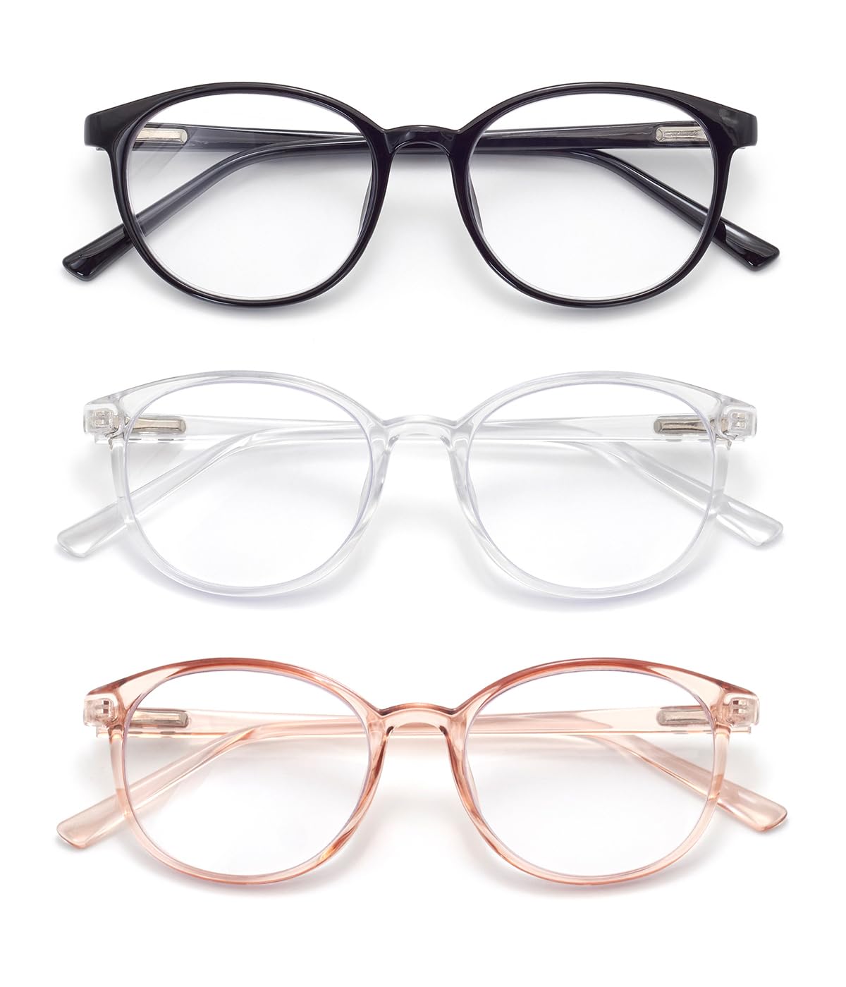 FoxMook 3-Pack Blue Light Blocking Glasses Round Women Men Computer Glasses Anti Eye Strain/UV/Glare Gaming Glasses, Black Pink 