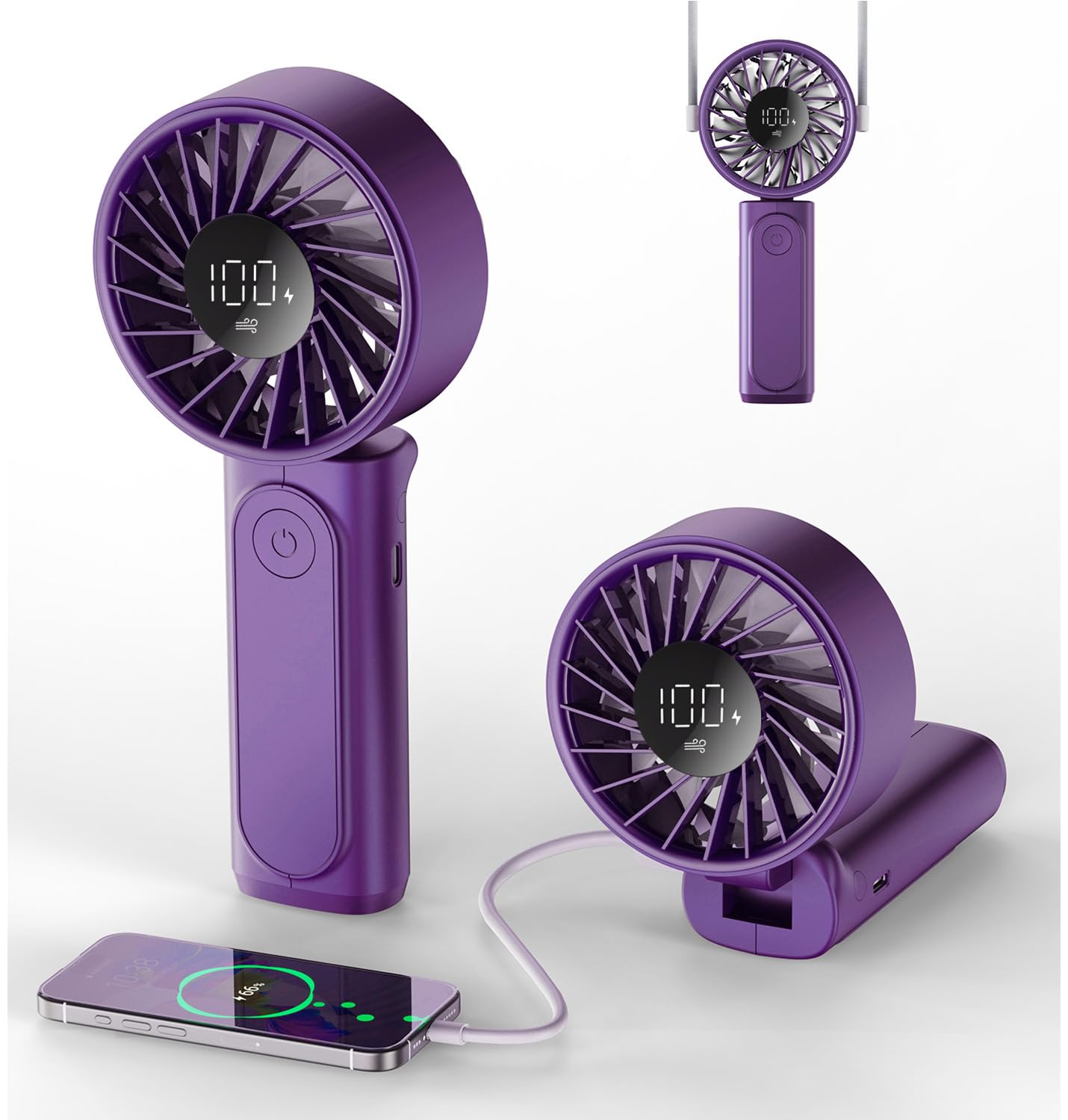 Portable Handheld Fan, 4000mAh, USB Rechargeable 180 Foldable Mini Desk Fan, 6 Wind Speed, LCD Digital Display, Lanyard as Neck 