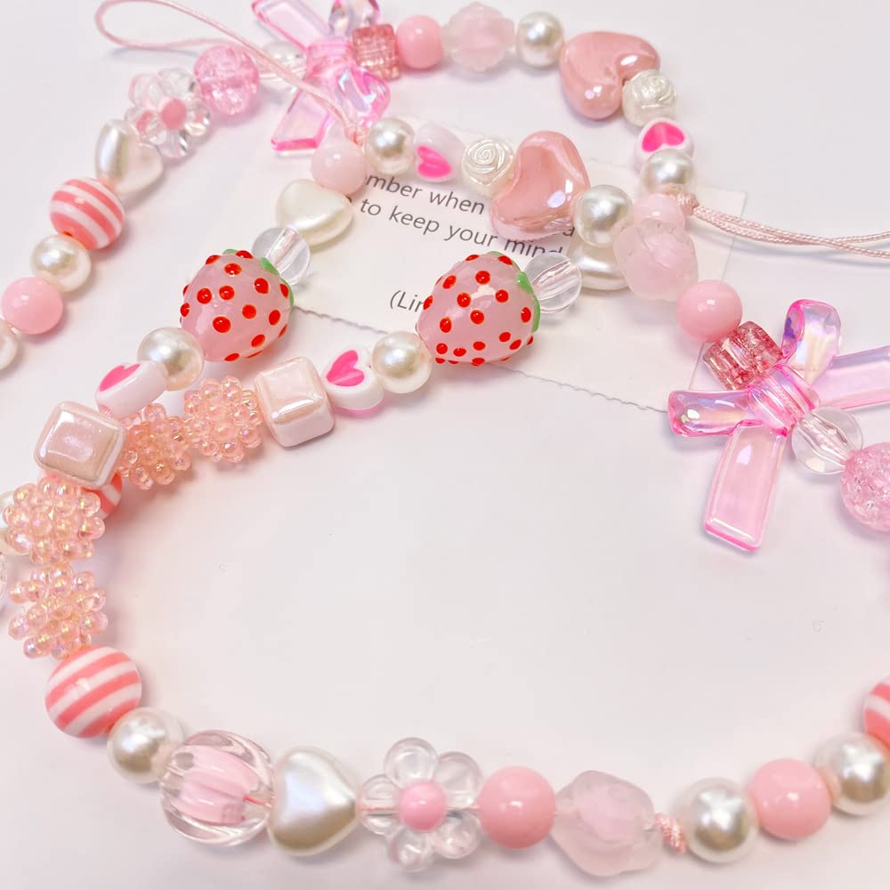 Pink Cute Strawberry Phone Charms Strap, Aesthetic Fruit Flower Love Hearted Phone Chain Pearl Beaded Phone Lanyard Jewelry For