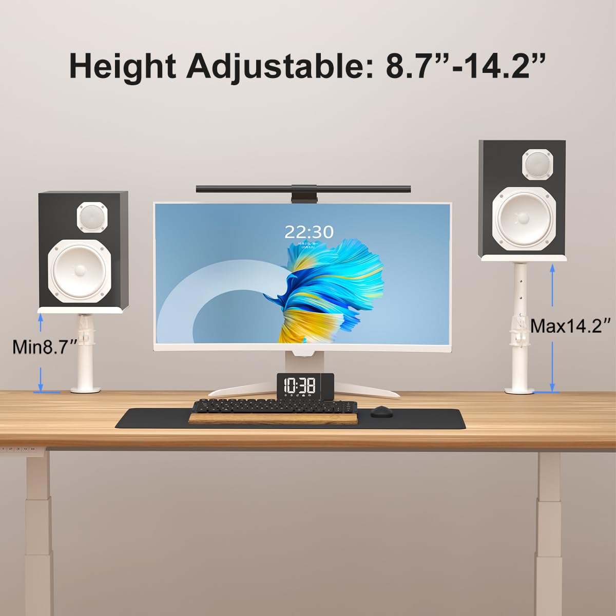 Suptek Clamp On Speaker Stand Desk Mount Set, Height Adjustment, Tilt, Swivel, 9.6 X 8.8 Inch Trays, Universal Audio Holders For