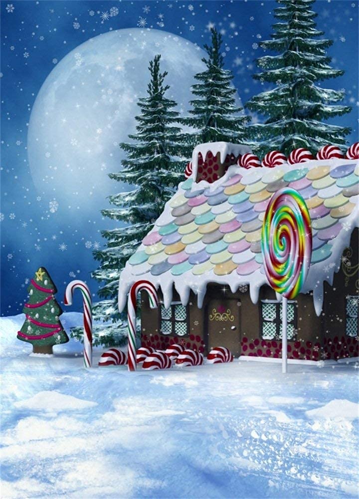 Laeacco 6X8Ft Gingerbread House Christmas Backdrop Colorful Candy House Snow Landscape Christmas Photo Backdrop Lollipops Full M