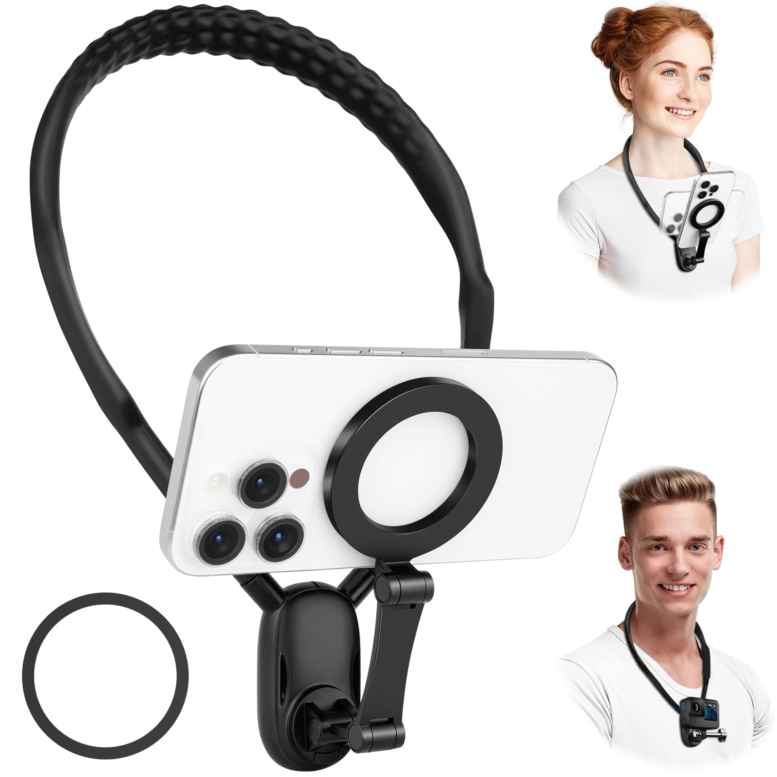Keweis Magnetic Neck Phone Holder Cell Phones Mount, Hand Free Pov/Vlog Flexible Phone Neck Holder Around Chest Stand Video Reco