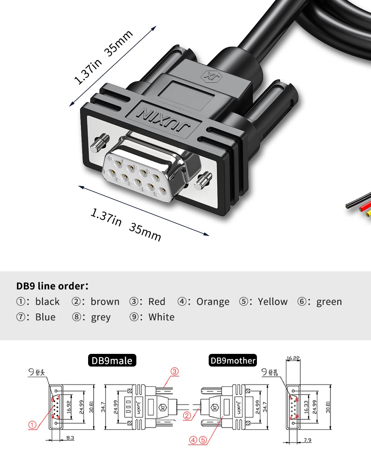 Juxinice Db9 Female Connector To Bare Wire End, D-Sub 9 Pin Rs232 Serial Extension Cable Double Shielde,Db9 To 9-Core Wires 3Ft