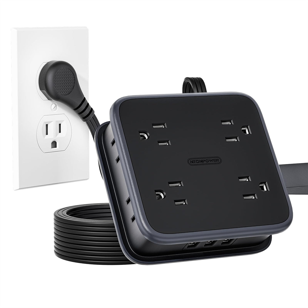 10Ft Extension Cord, Flat Extension Cord With 8 Widely Outlets 3 Usb Ports, Flat Plug Power Strip, 3-Sided Outlet Extender, Wall