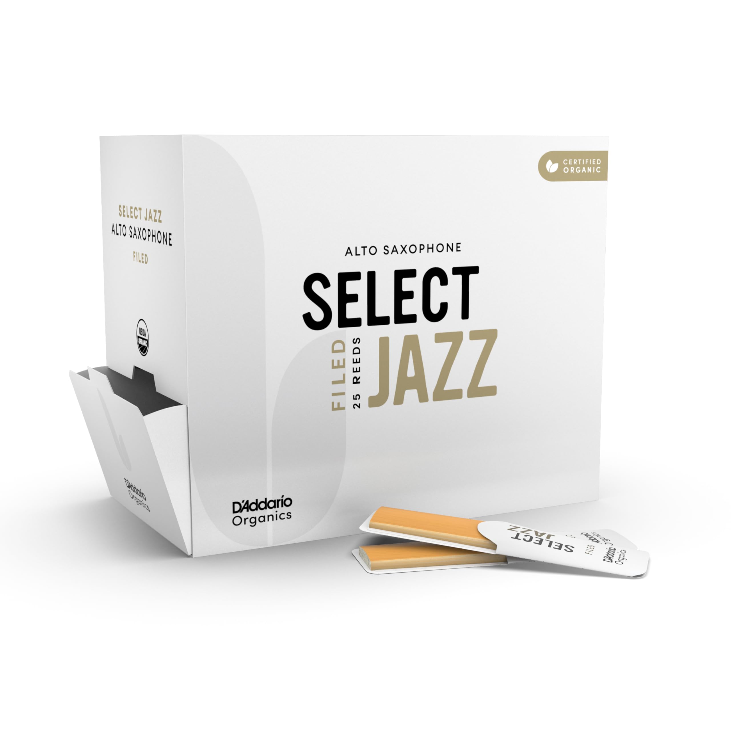 DAddario Organic Select Jazz Filed Alto Saxophone Reeds - Sax Reeds - Individually Sealed - 2 Hard, 25 Pack