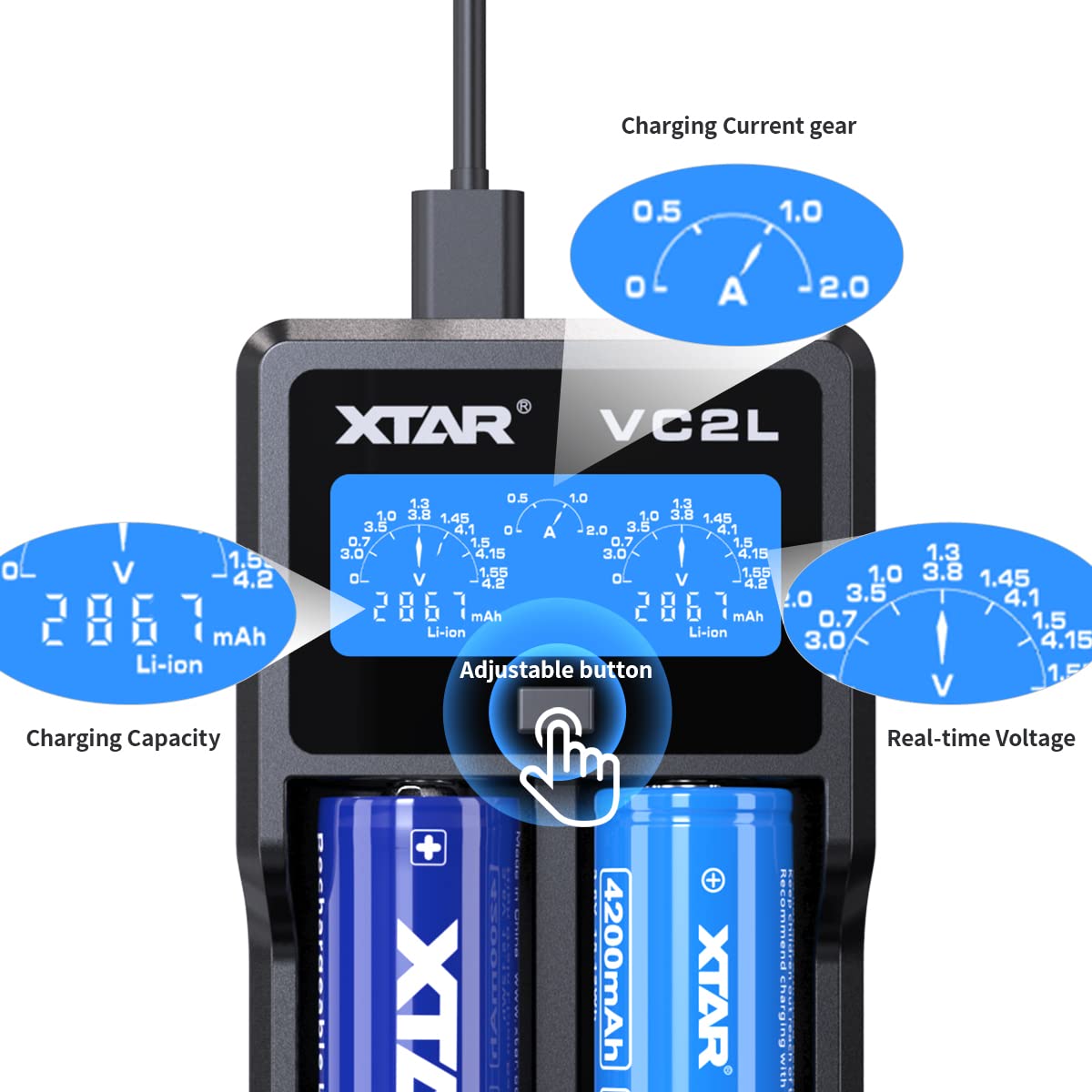 Xtar 21700 Battery Charger Vc2L 18650 Charger 2 Slot 2022 Version With Lcd Display Max 2A Rechargeable Liion And Aa Charger Not