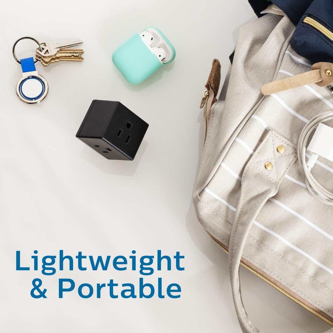 Philips 3 Outlet Extender, Extra Wide Adapter Spaced, Easy Access Design, 3 Prong, Perfect For Travel, Cube, 2 Pack, Black, Sps3