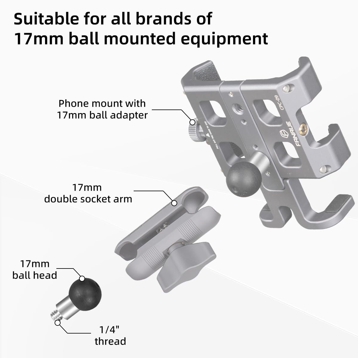 Fanaue B 17 Aluminum 17Mm Ball Head Adapter With 1/4 Inch Thread Compatible With Garmin Gps Mount And 17Mm Double Socket Arm For