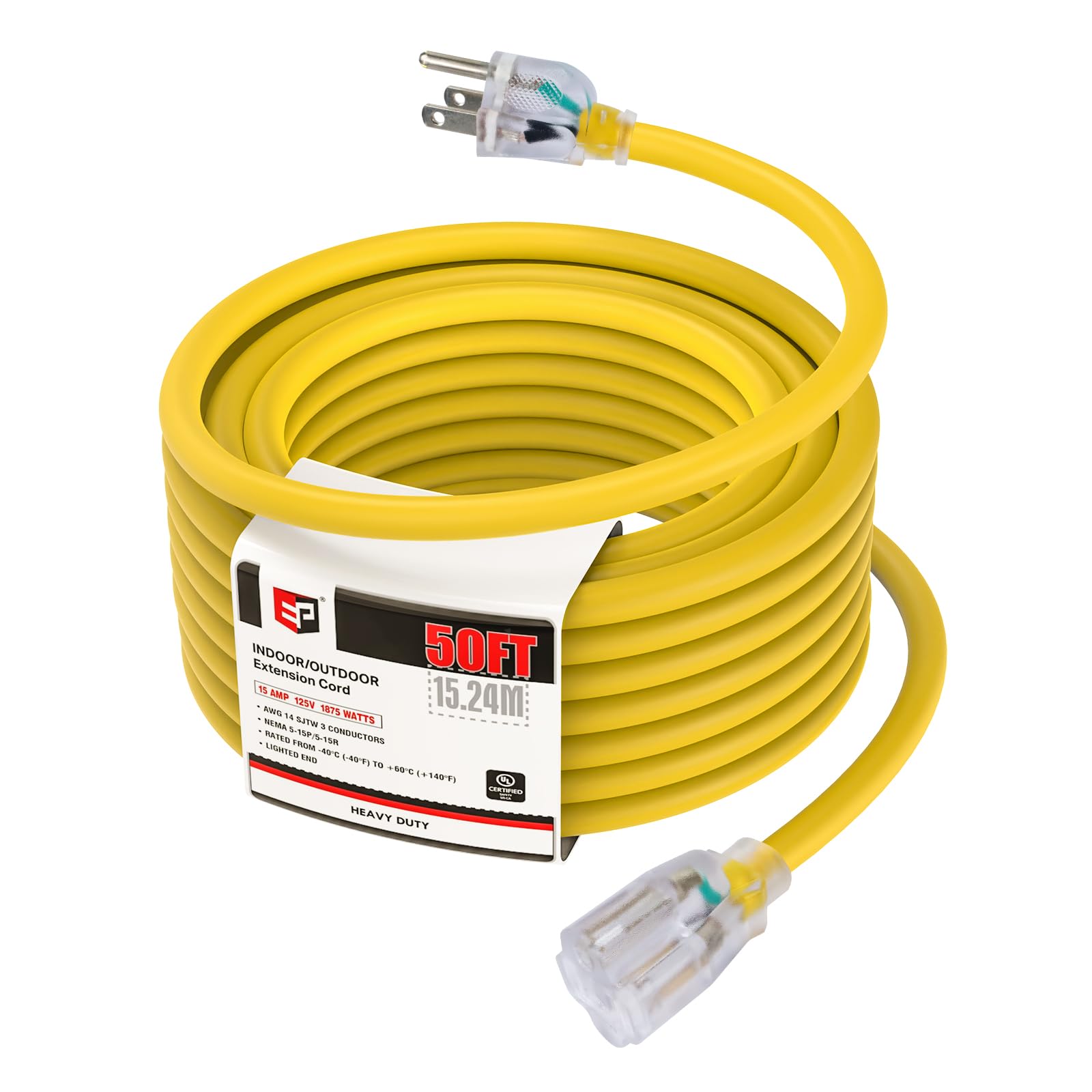 Ep 50 Ft 14/3 Lighted Outdoor Extension Cord   14 Gauge Sjtw Heavy Duty Yellow Extension Cable With 3 Prong Grounded Plug, Great