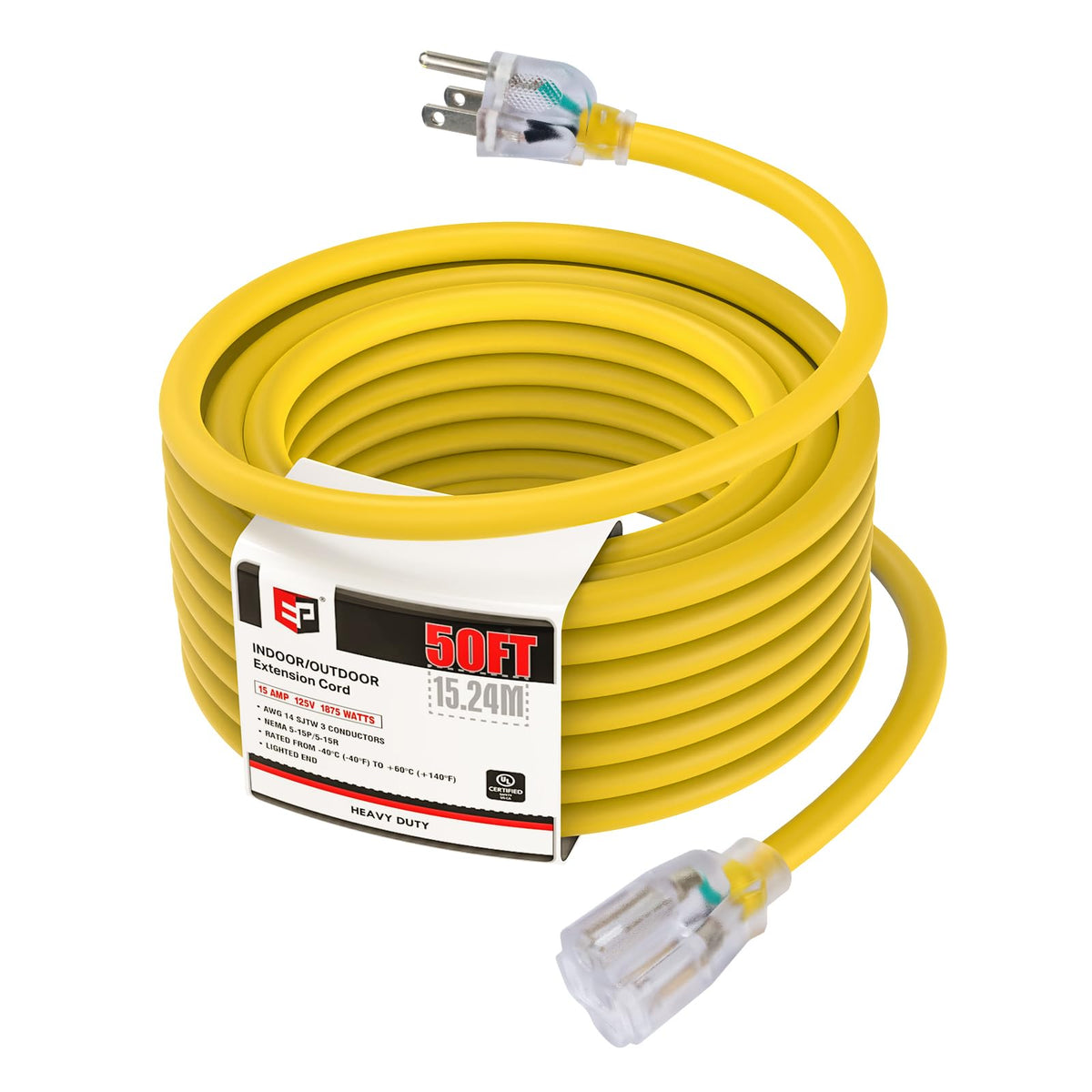 Ep 50 Ft 14/3 Lighted Outdoor Extension Cord   14 Gauge Sjtw Heavy Duty Yellow Extension Cable With 3 Prong Grounded Plug, Great