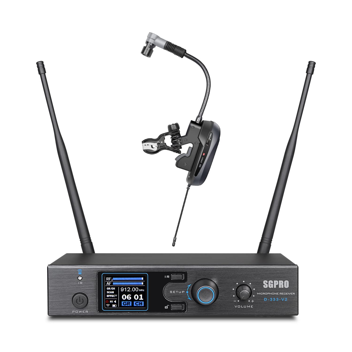 SGPRO Saxophone Wireless Microphone Professional Gooseneck Clip-on Mic with Preset EQ & ECHOs, 262 Ft Transmission and Rechargea