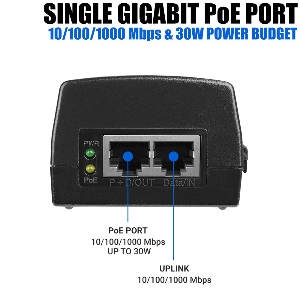 Bv Tech Gigabit Power Over Ethernet Poe+ Injector | 30W | Plug & Play | Up To 325 Feet