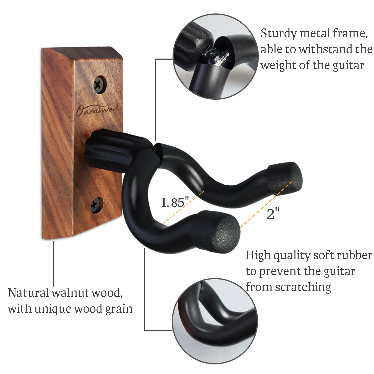 Guitar Wall Mount 3 Pack, Black Walnut Wood Guitar Hanger, U Shaped Guitar Wall Hanger Mount, Guitar Holder Hook Stand Wall For