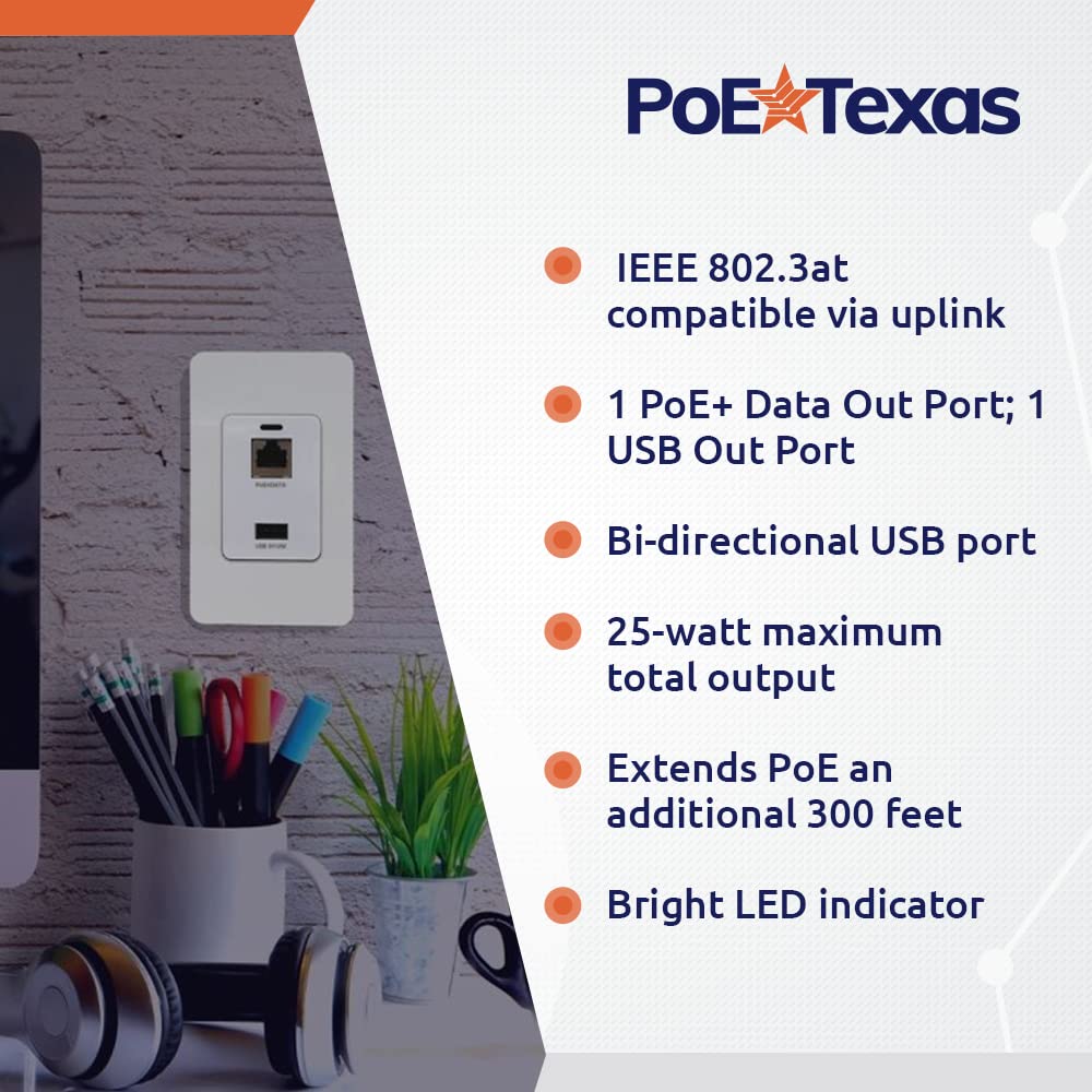 Poe Texas Gigabit Poe Splitter In Wall Usb Charging Port   Fast 5V Usb Charging And Rj45 Power Over Ethernet Output For Wifi Int