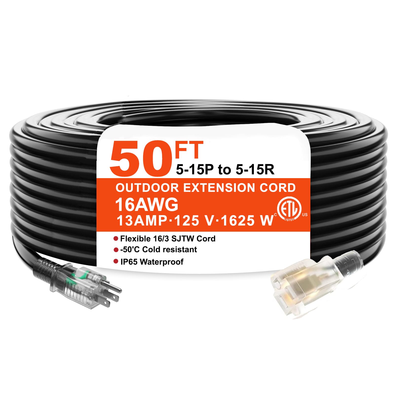 16/3 Gauge Black Outdoor Extension Cord 50 Ft Waterproof With Lighted Indicator, Cold Weatherproof  40C, Flexible 3 Prong Extens