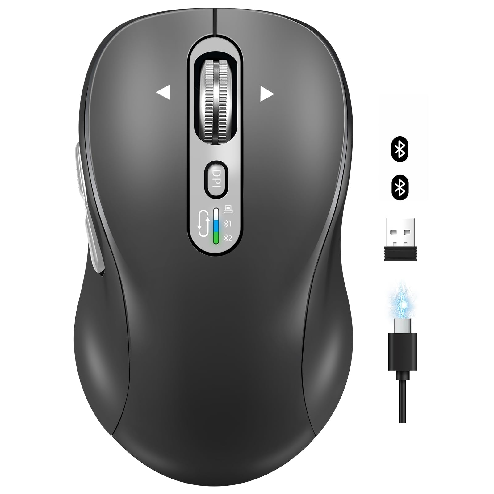 CITLLA Wireless Bluetooth Mouse, Portable Rechargeable, MultiDevice,4Level DPI,USBA Receiver and Two Bluetooth, MultiSystem,