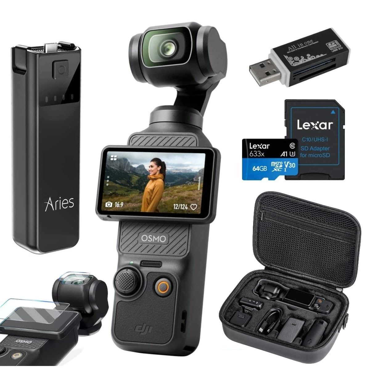 DJI Osmo Pocket 3 Gimbal Camera, Bundle with Power Bank, Carry Case, Screen Protector, 64GB Memory Card and Card Reader