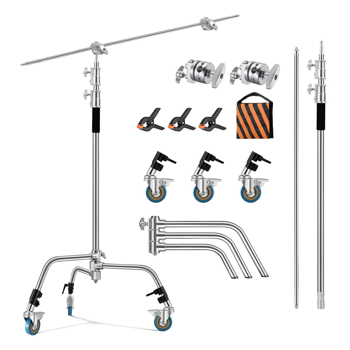 Soonpho Adjustable 10Ft/3.3M Heavy Duty Light Stand With Boom Arm And Wheels,100% Stainless Steel Reflector C Stand With Grip He