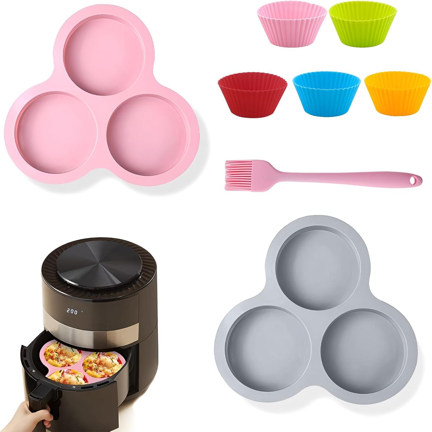 HUSAINI MART | 1 PCS Silicone Air Fryer Egg Pan with Basting Brush, 3 Cavity Silicone Muffin Pan Air Fryer Accessories Egg Mold 