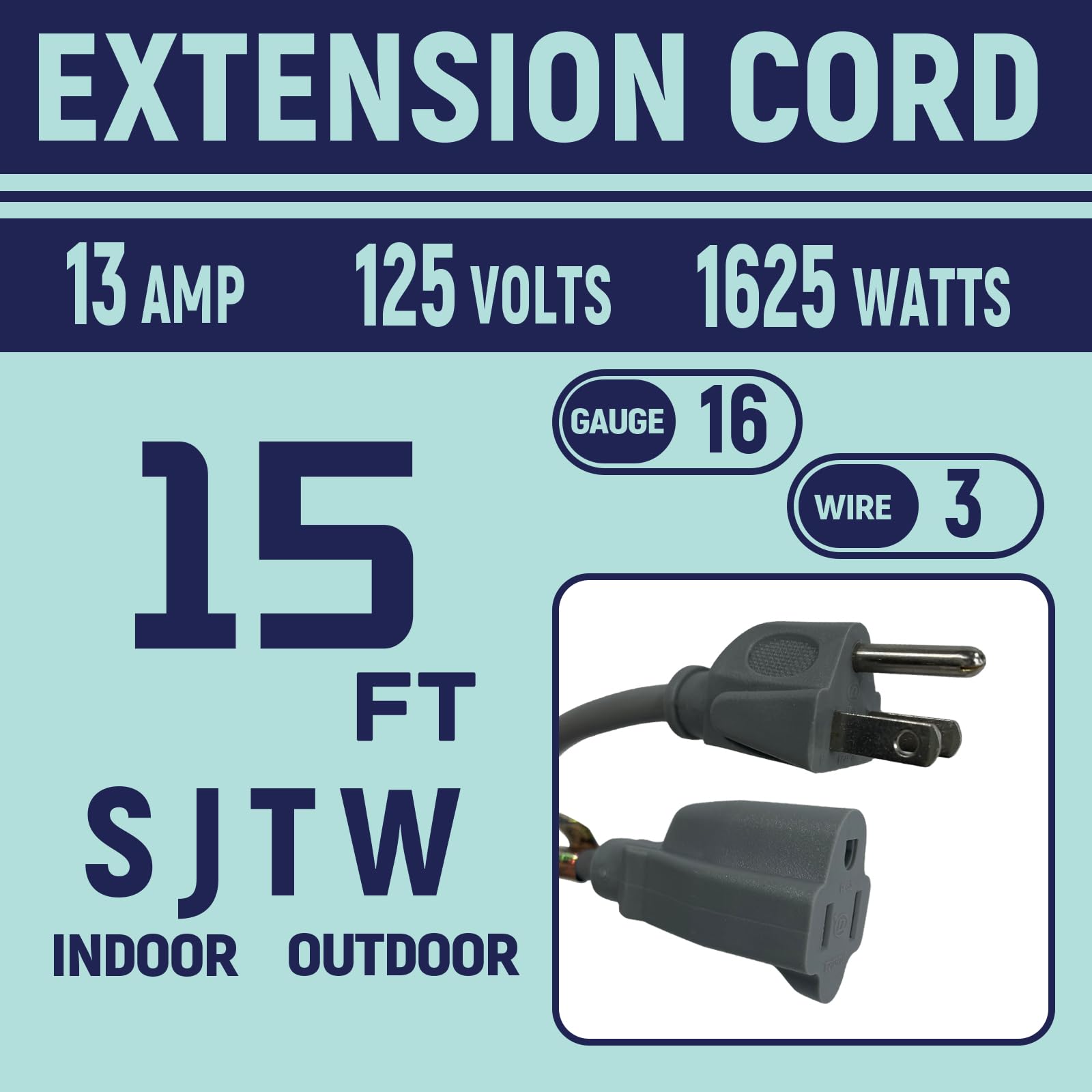 Greenprosper 15 Ft Indoor Outdoor Grey Extension Cord, 16 Gauge Waterproof Electrical Power Cable, 16/3 Sjtw 3 Prong Grounded Pl