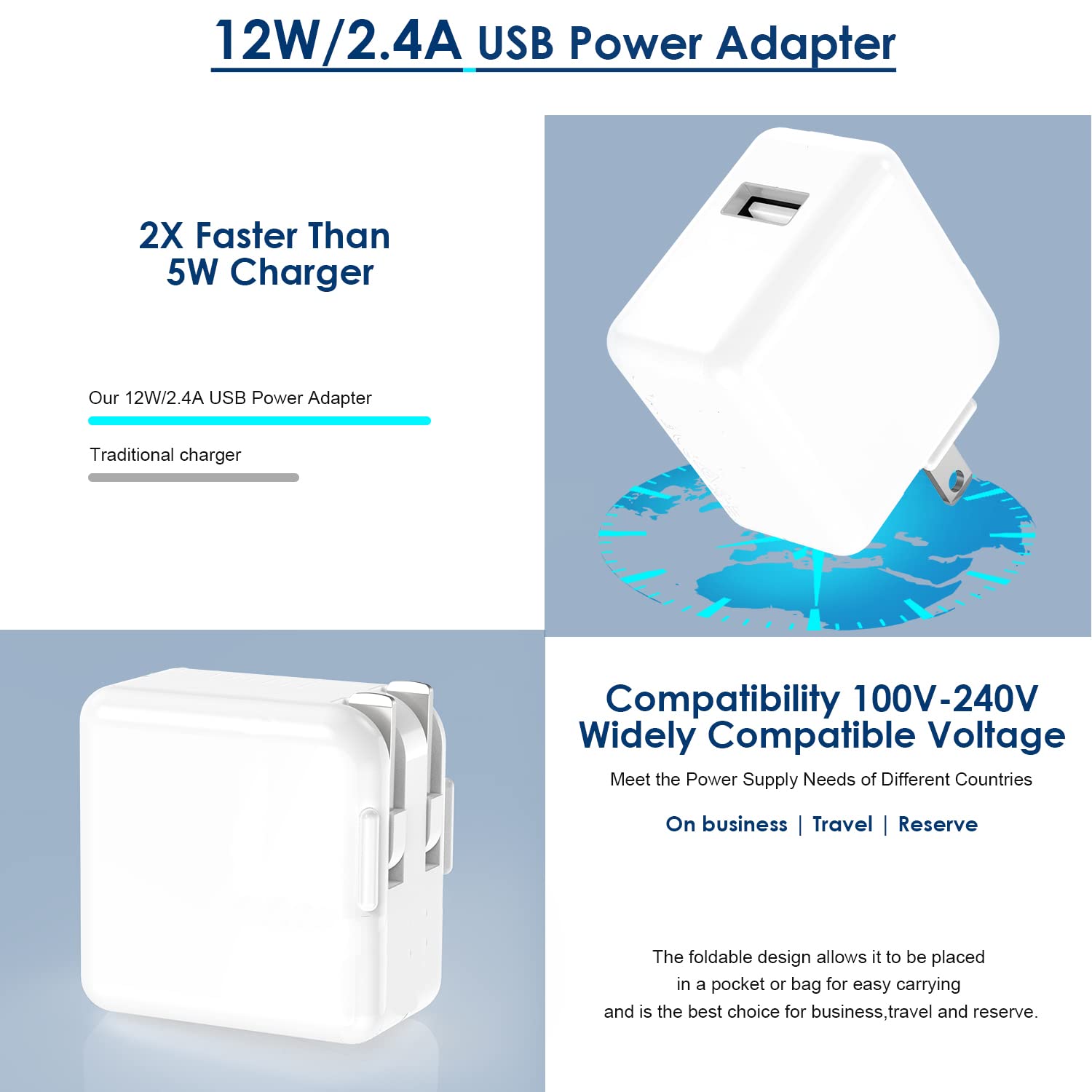Ipad Charger, Iphone Charger Ipad Cord Fast Charging 12W Usb Wall Charger Foldable Portable Travel Plug With 6.6Ft Lightning Ipa