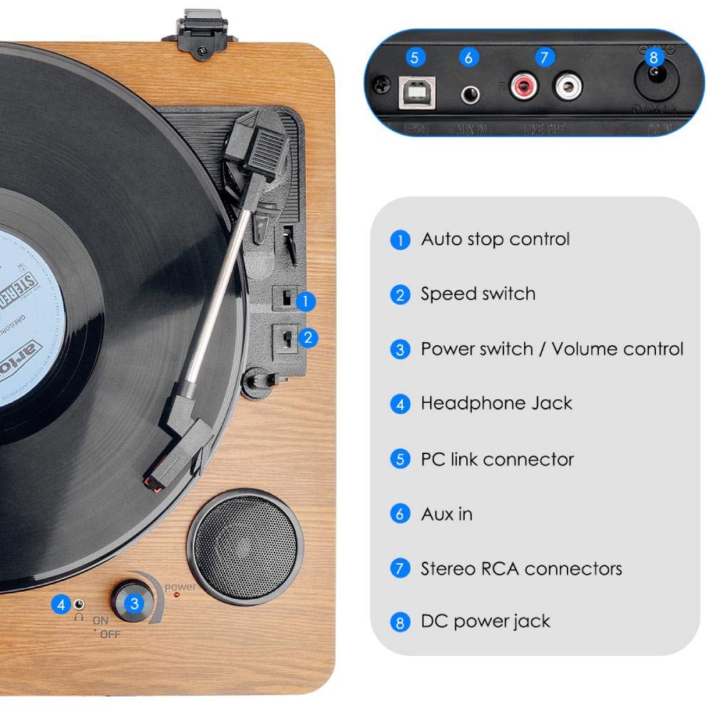 Record Player, Popsky 3 Speed Turntable Bluetooth Vinyl Record Player With Speaker, Portable Lp Vinyl Player, Vinyl To Mp3 Recor