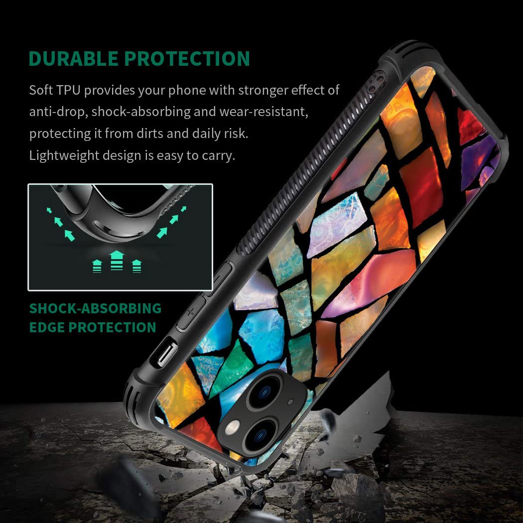 ZHEGAILIAN iPhone 14 Case Stained Glass Mosaic Fiesta Fun Tempered Glass Back Soft Silicone TPU Shock Protective