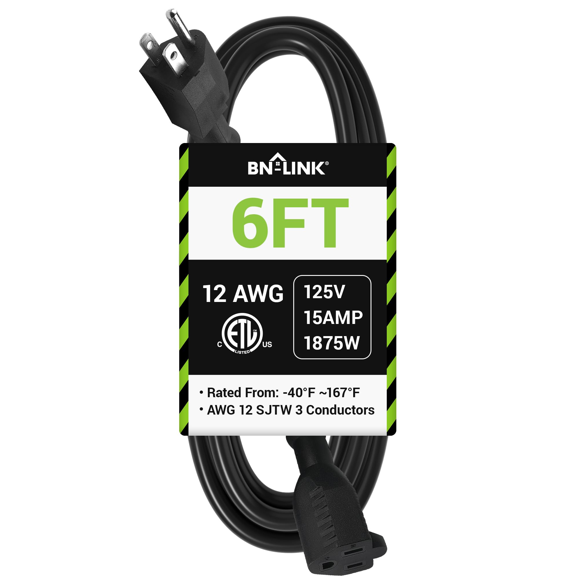 Bn Link 6Ft Outdoor Extension Cord, 12/3 Sjtw Heavy Duty Power Cord, 3 Prong Grounded Plug, Weather Resistant, 15A, 1875W, Black