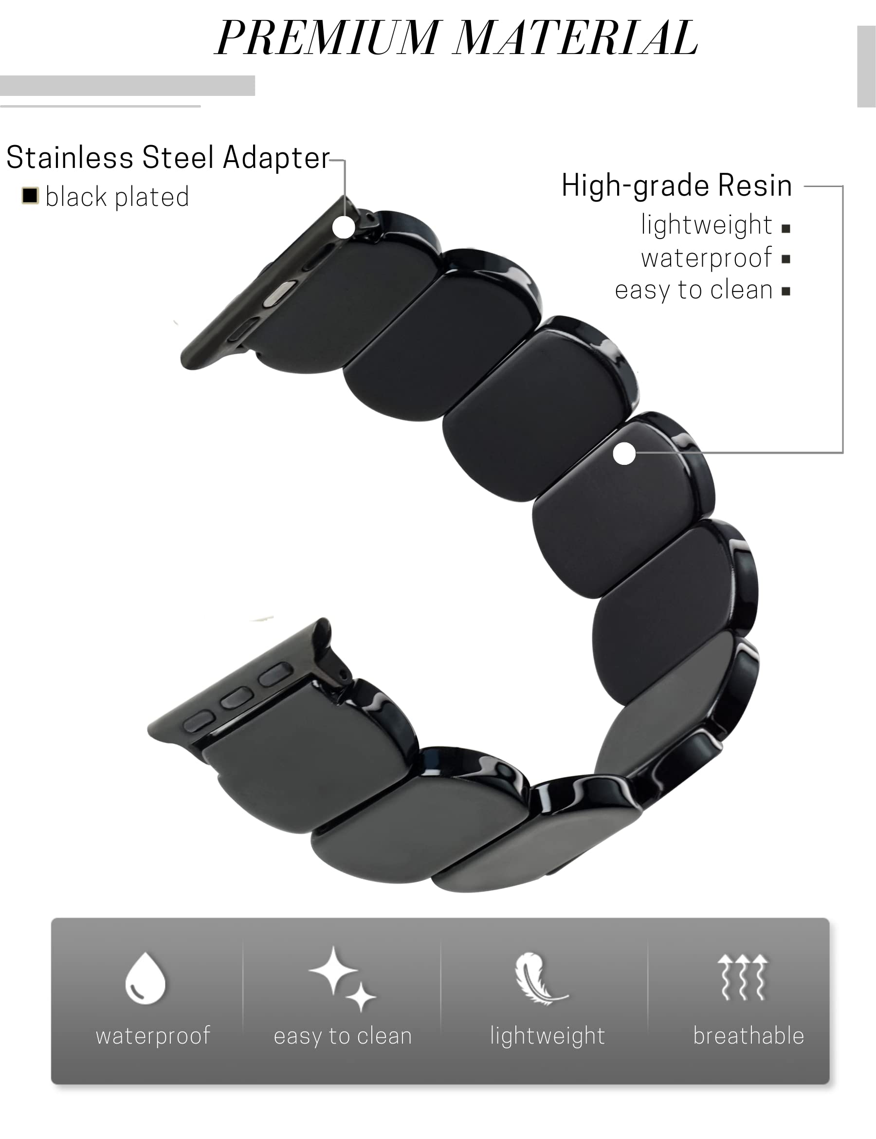 Heesch Resin Black Watch Band For Apple Watch Series 7 45Mm Band Stretchy Women Watch Strap For Apple Watch Se,3,6 42Mm/44Mm Iwa