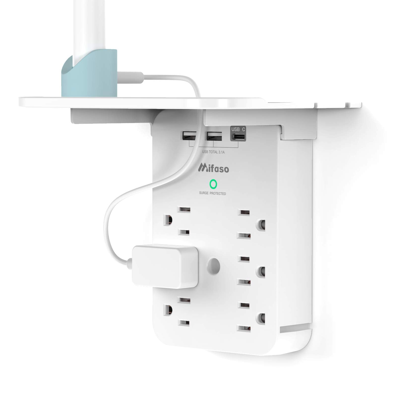 Wall Outlet Extender With Surge Protector, 6 Ac Outlets, Shelf, 2 Usb & Usb C Charging Ports   Home & Dorm Plug Expander