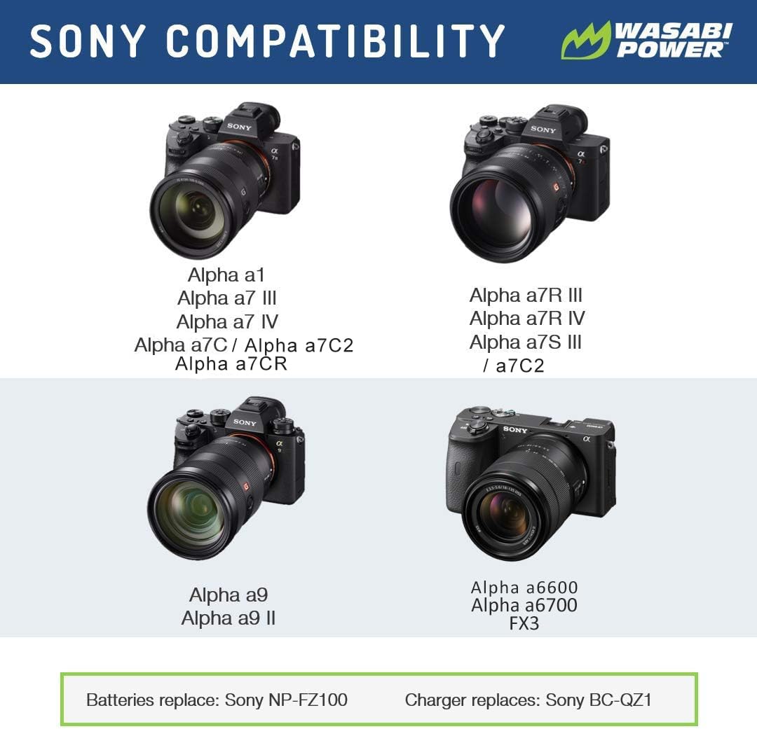 Wasabi Power Battery for Sony NP FZ100 and Sony FX3, a1, a9, a9 II, a7R III, a7R IV, a7S III, a7 III, a7 IV, a6600