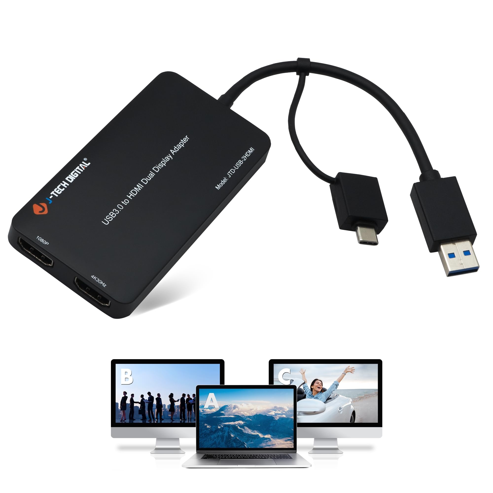 Usb 3.0 (Type A/C) To Dual Hdmi 4K 30Hz & 1080P 60Hz Display Adapter | Features Usb A Or Usb C Inputs, Usb Powered, Mirror, Exte