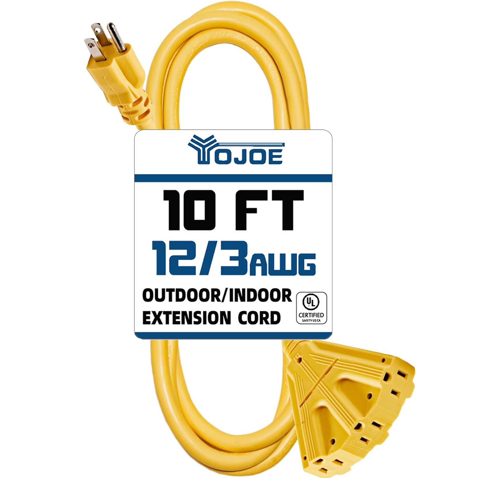 Yojoe 3 Outlet Indoor/Outdoor Extension Cord, 10 Ft Yellow, 12 Gauge, 15A, 1875W, 3 Prong Grounded Plug, Sjtw, Ul Listed