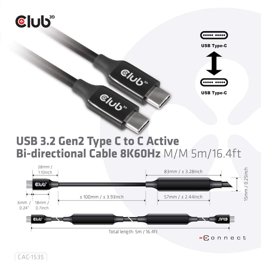 Club 3D USB-C to USB-C Bi-Directional Cable CAC-1535 60W PD 10Gbps 8K60Hz 5m Black Copper
