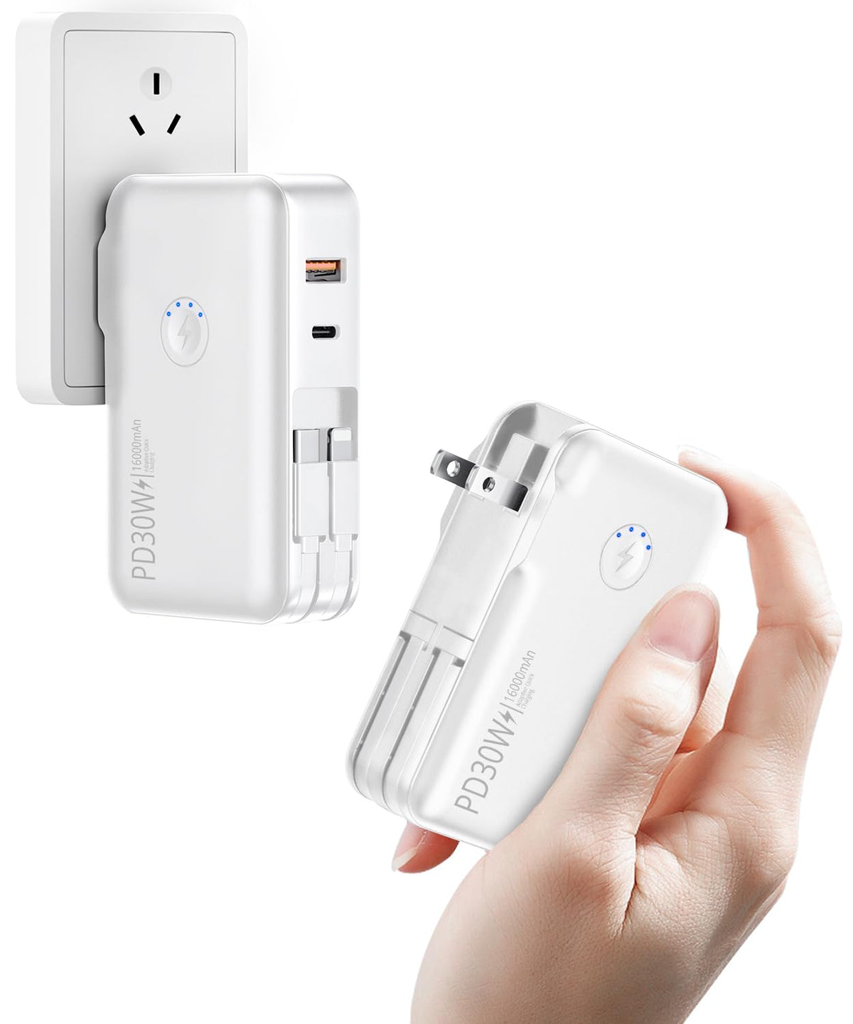 Portable Charger, Power Bank, 16000Mah Power Bank Built In Ac Wall Plug And Cables, Pd 30W And Qc4.0 Fast Charger For Iphone And