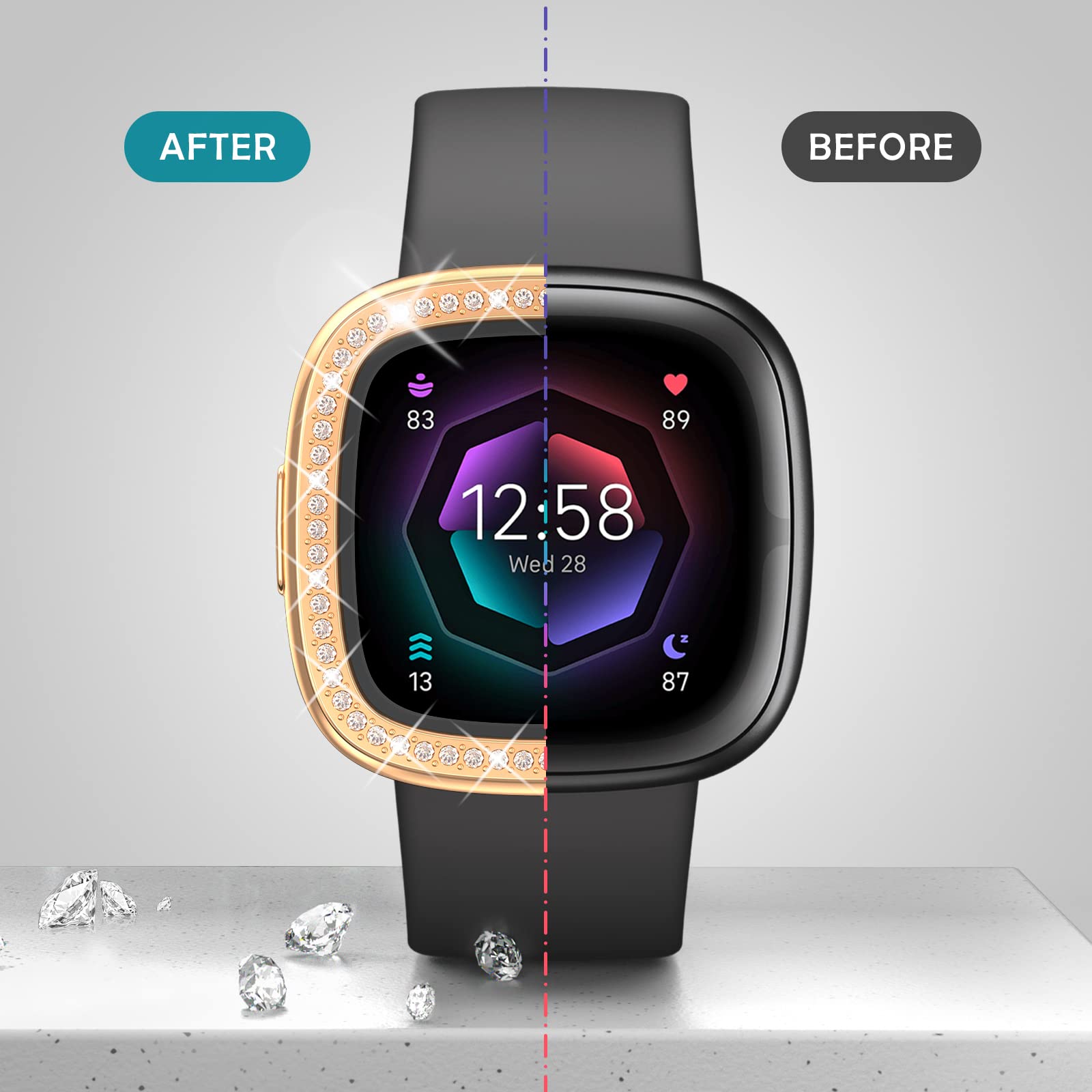 [5Pack] Richone Compatible With Fitbit Versa 4 & Sense 2 (2022) Screen Protector Case, Bling Diamonds Cover Soft Tpu Bumper Smar