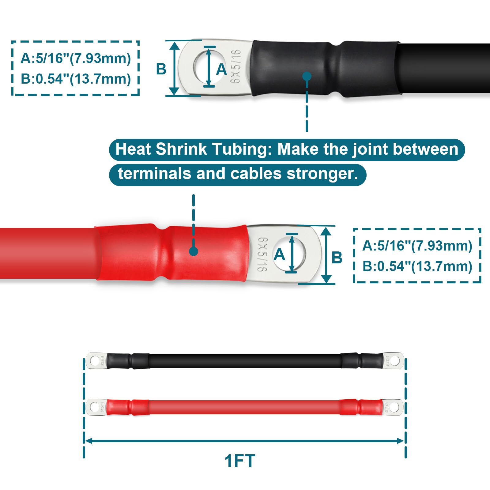 Zonbang 6 Awg Battery Cable With 5/16 Inch Terminals, Copper Battery Inverter Cables For Car Rv Automotive Solar, 1Ft(2 Pack)