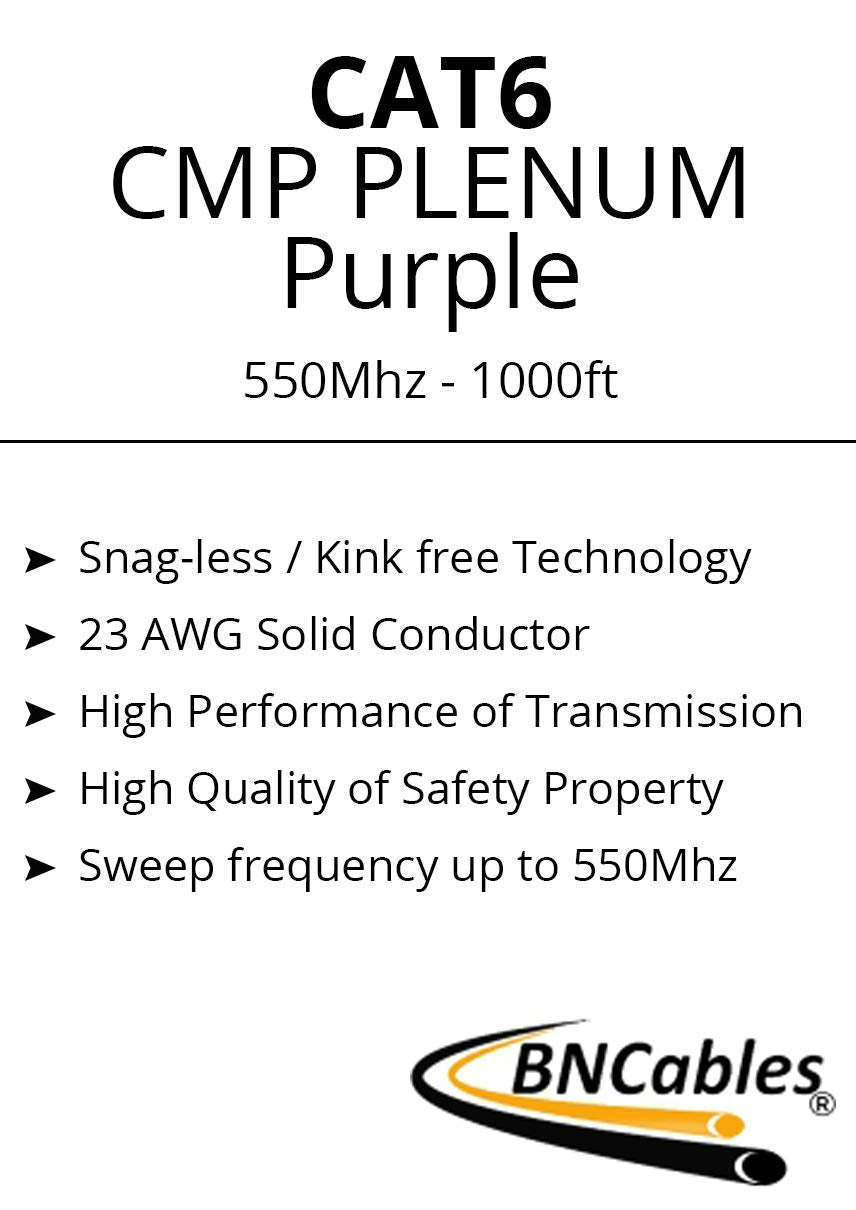 Bncables 550Mhz Cat6 Plenum Cable 1000Ft Blue, 23Awg 4Pair, Solid Network Cable Unshielded Twisted Pair (Utp), Available In Blue, White, Yellow, Gray, Purple, Green & Black (Purple)