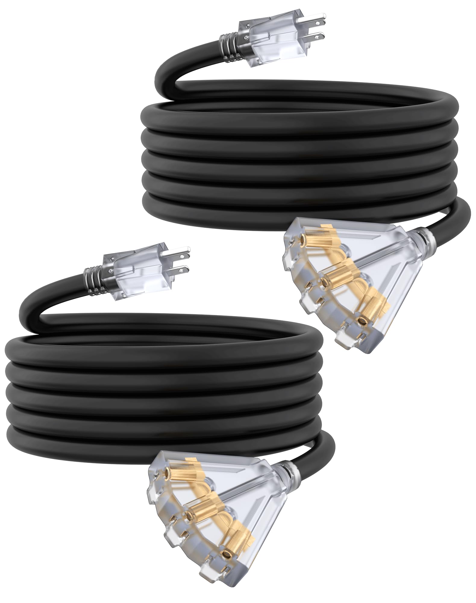 10Ft 12 Gauge Outdoor Extension Cord With 3 Outlets, Heavy Duty 3 Prong Extension Cord Waterproof With Lighted End, 15A Sjtw, Et