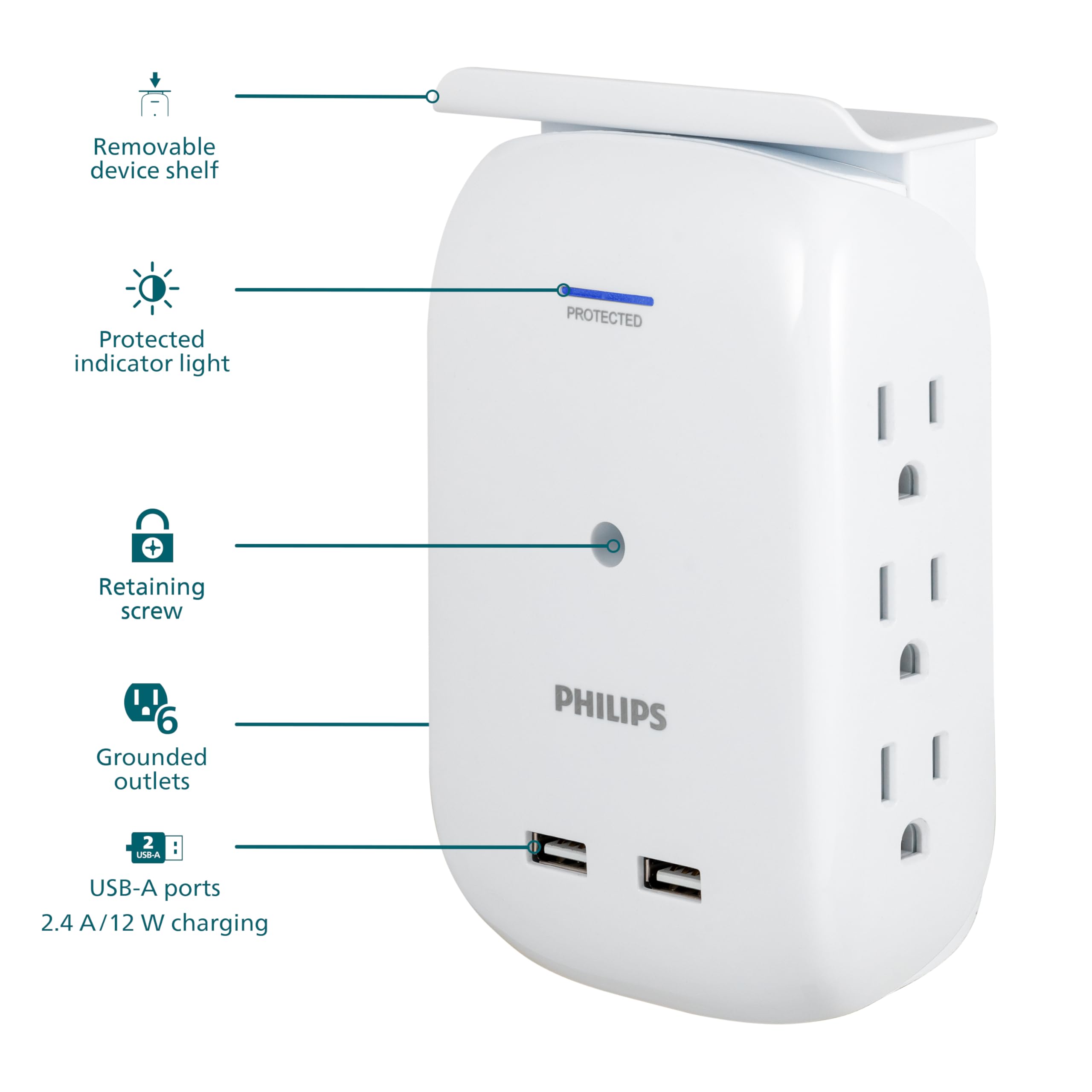 Philips 6 Outlet Tap With Device Shelf, 450J, Space Saving Design With Indicator Light, For Smartphone Charging Station, Multi U