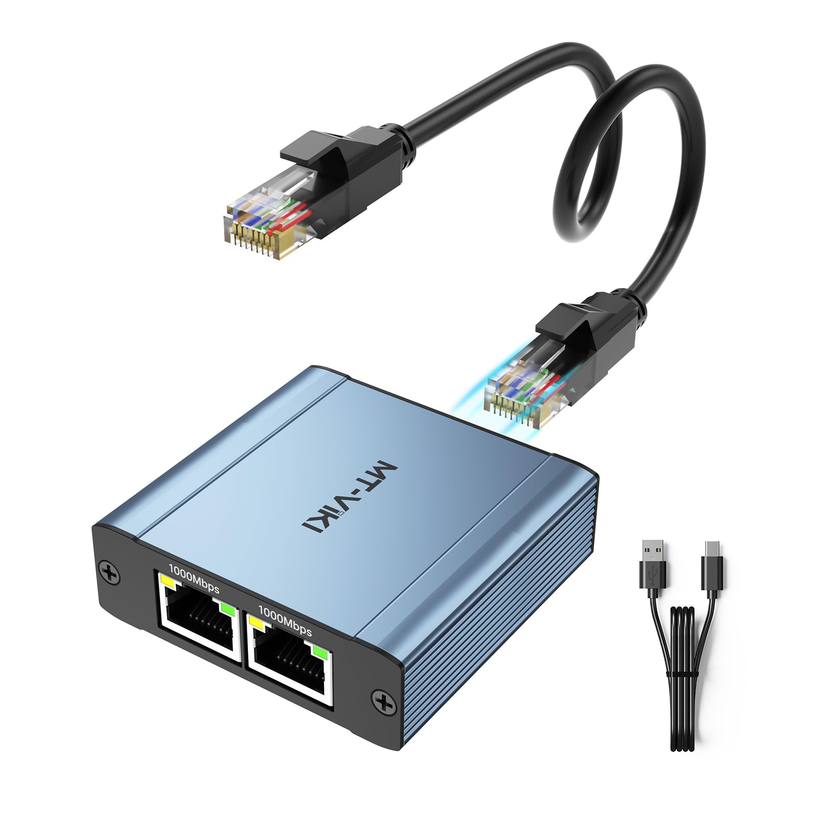 MTVIKI Ethernet Splitter 1 to 2 High Speed 1000Mbps, Gigabit Dual RJ45 Splitter Adapter for Cat5/5e/6/7/8 Cable [Aluminum Case 