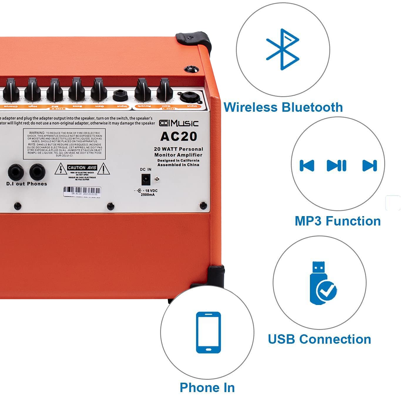 Acoustic Guitar Amplifier, 20 Watt Bluetooth Amp For Guitar Acoustic With Reverb Chorus Effect, 3 Band Eq