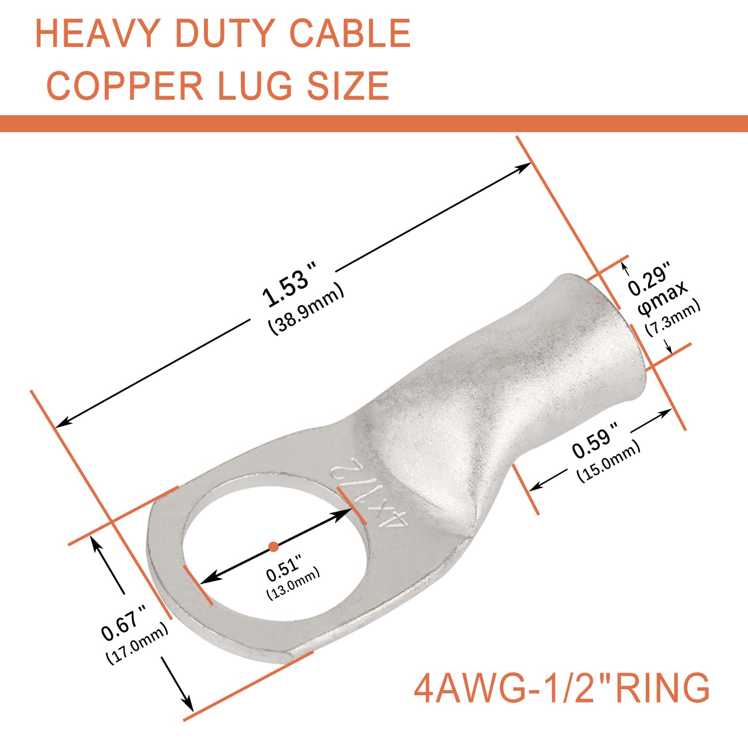 Riocan 10Pcs 4 Awg 1/2   (M12) Tinned Ring Terminals 4 Gauge Copper Wire Lugs Battery Cable Ends Heavy Duty Battery Cable Termin