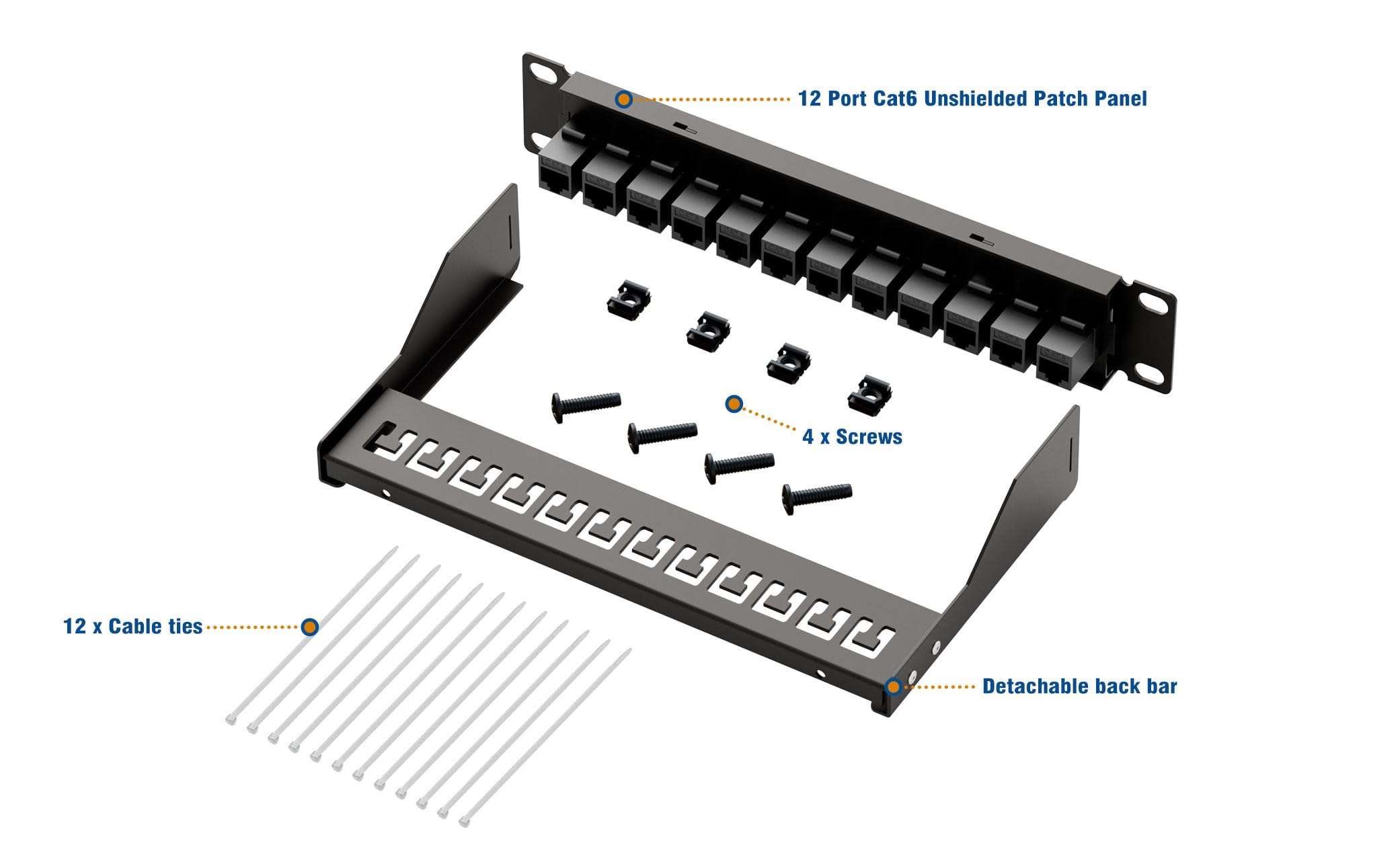Iwillink 10Gbps Patch Panel 12 Port, 10 Inch Through Coupler Rj45 Cat6 Patch Panel With Back Bar, Wallmount Or Rackmount, Compat
