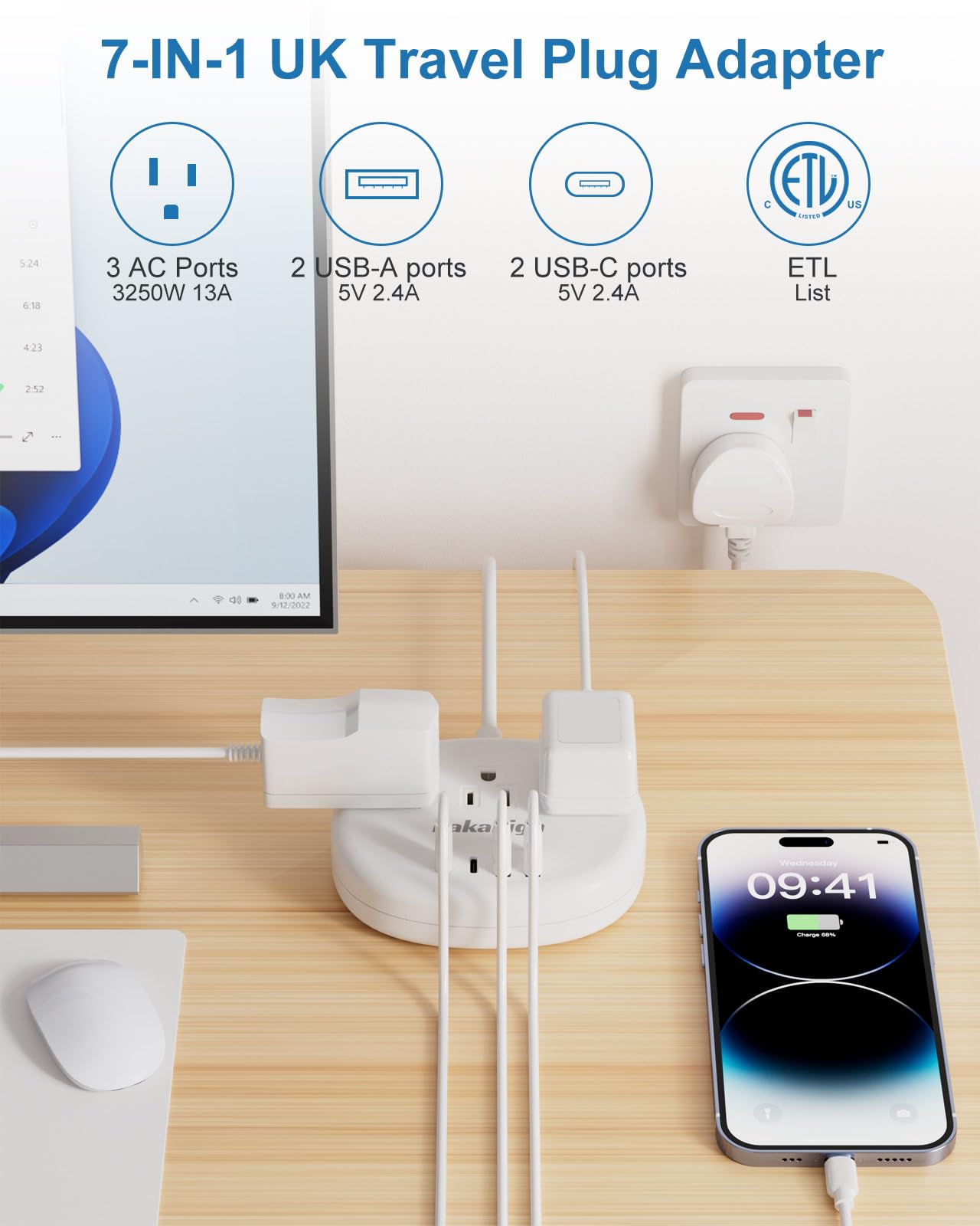 Uk Adapters For Travel(13A), Us To Uk Plug Adapter With 3 Outlets 4 Usb Ports (2 Usb C) Total Output 24W, Type G Travel Adapter