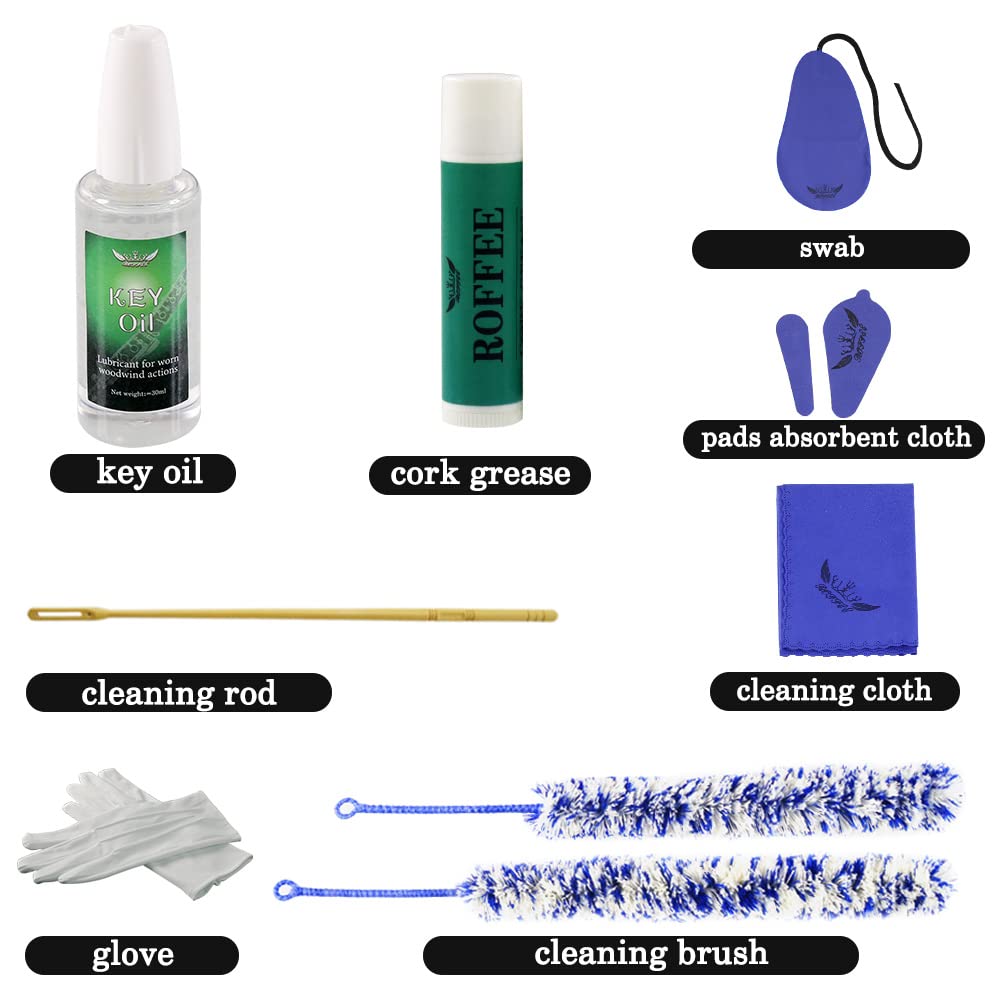 Flute Cleaning Cleaner Care Maintenance Kit,Key Oil,Cork Grease,Swab,Cleaning Cloth,2Pcs Cleaning Brush,Cleaning Rod